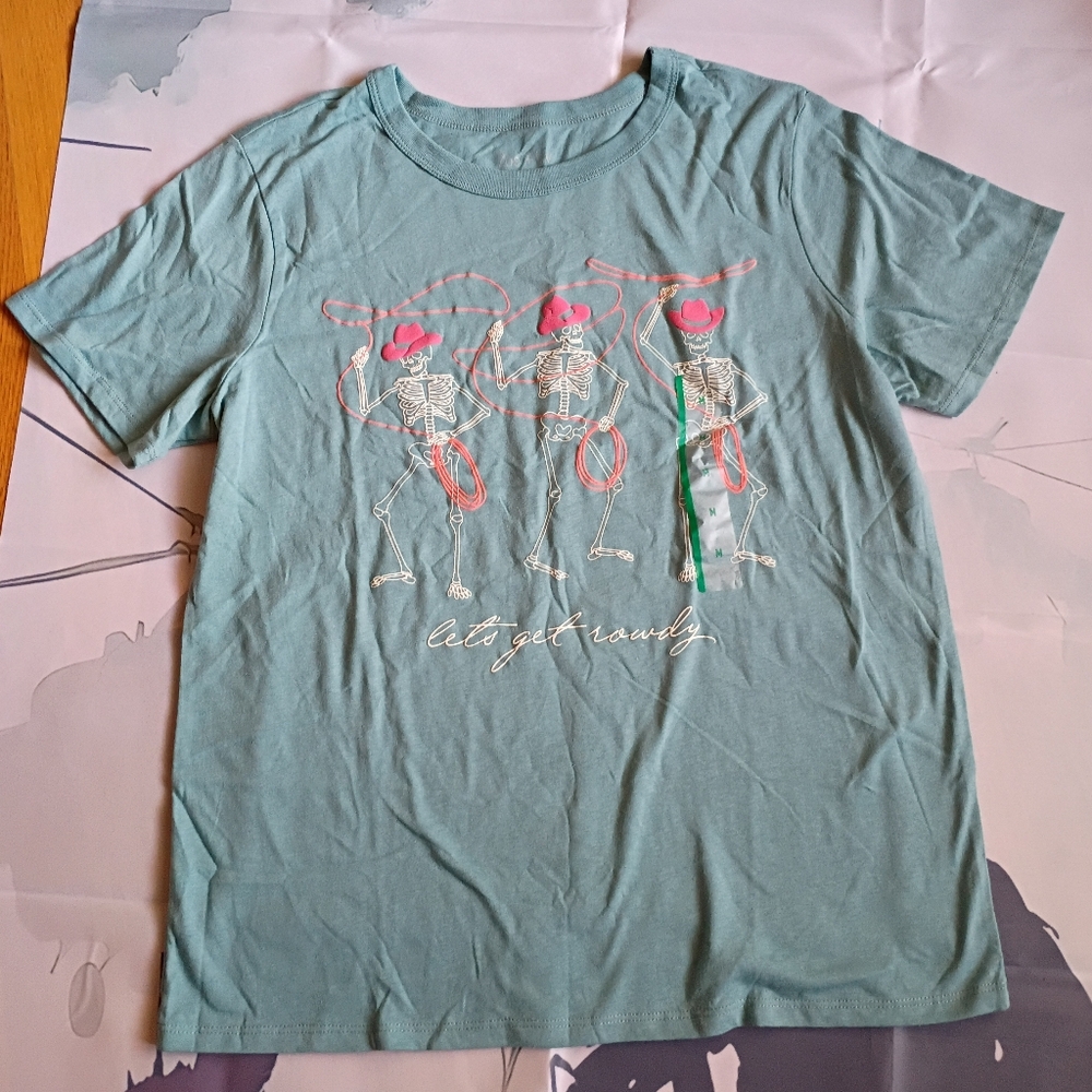 Zoe + Liv Women's Teal Cowgirl Skeleton Graphic Knit T-Shirt M Regular